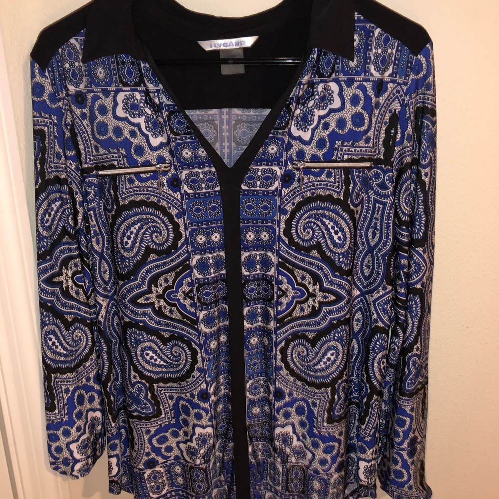 Nygard black, white, and blue long sleeve shirt